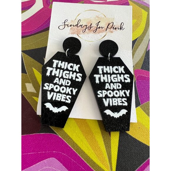 THICK THIGHS Spooky Vibes Coffin Earrings NEW - Picture 2 of 3